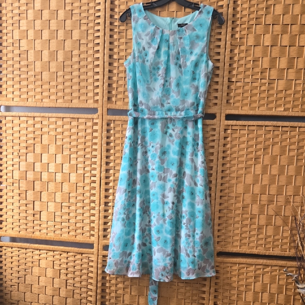 R&K Aqua and Taupe Floral Midi Dress with Belt
